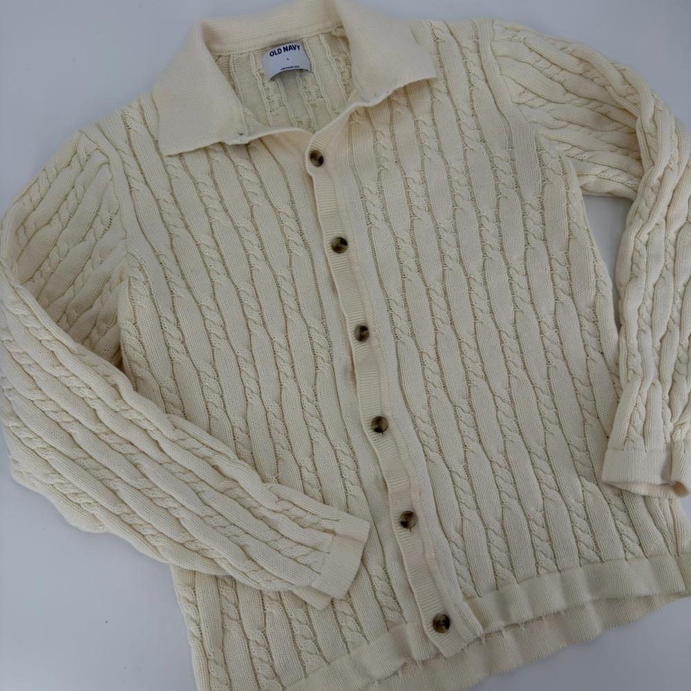 Old Navy Cable Knit Cardigan Sweater‎ Modern Women Size Large Cream White Cotton